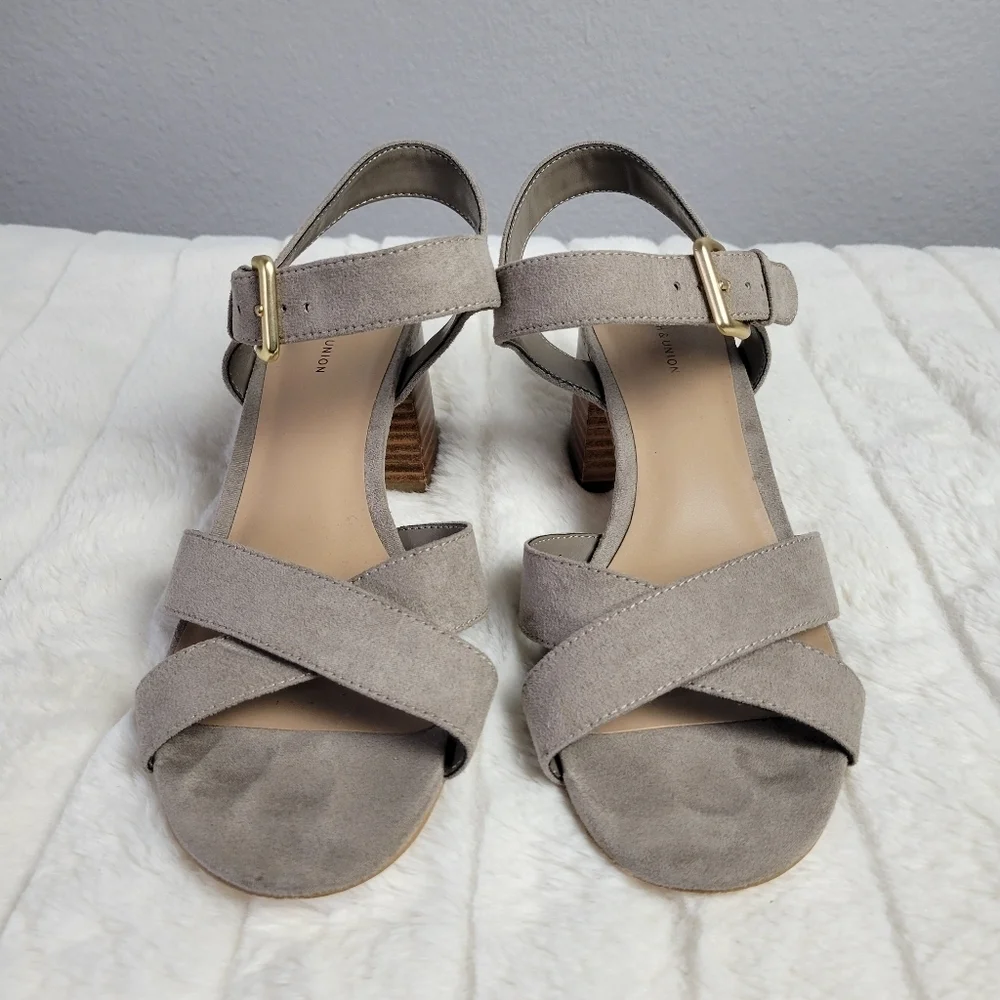 14th & UNION // taupe grey suede adjustable ankle strap heeled sandals